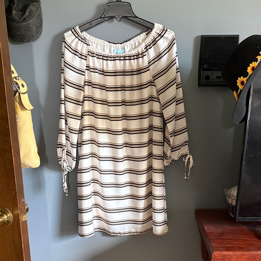 Striped Off-Shoulder Cream and Black Dress